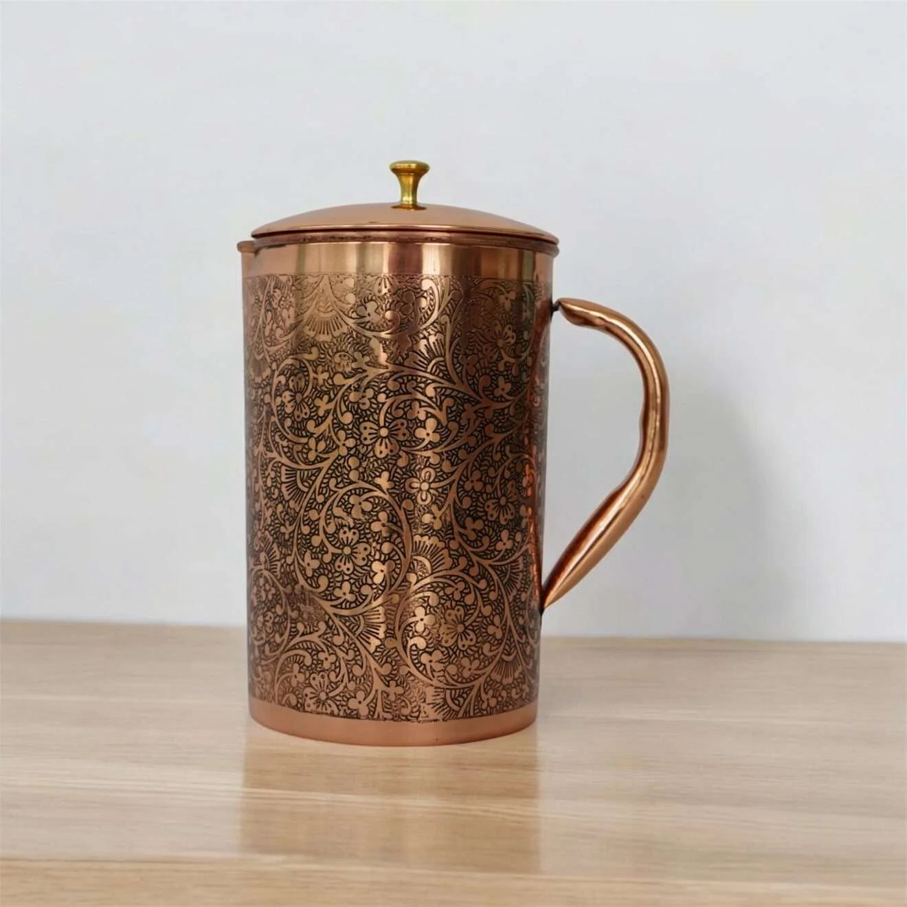 SAINORA Dark Embossed Copper Jug | With Copper Knob | Serve ware | Drinkware | Kitchenware | Capacity- 1000ml
