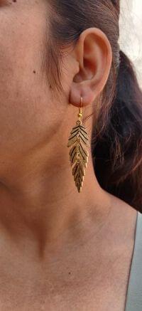 Gold Feather Leaf Brass Dangle Earrings with Detailed Cutout Design