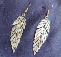 Gold Feather Leaf Brass Dangle Earrings with Detailed Cutout Design