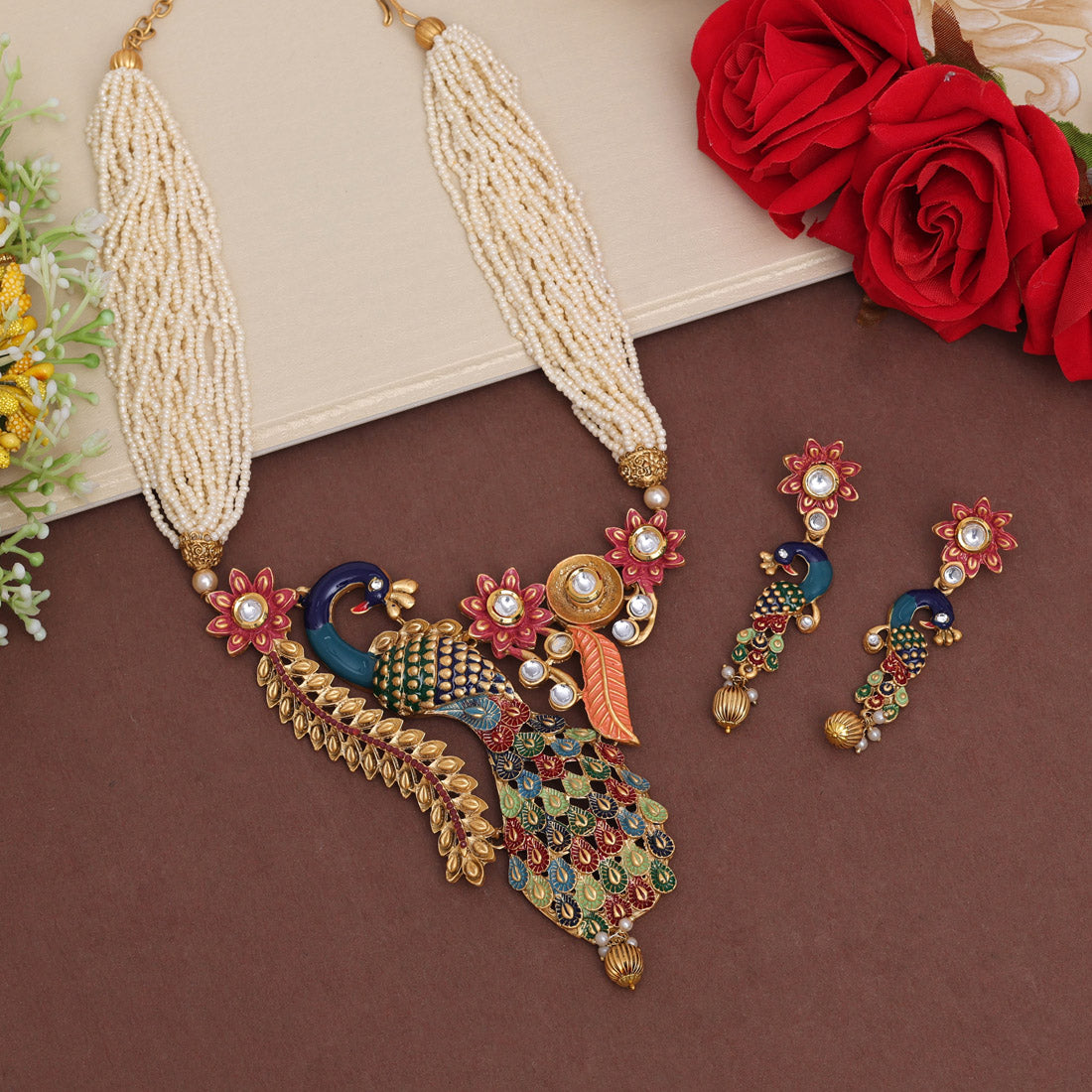 Multi Color Peacock Inspired Meenakari Rajwadi Matte Gold Necklace Set