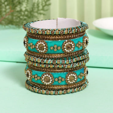 Light Green Color Velvet Work Bangle Set: 2.8