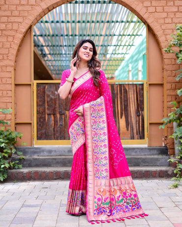 Rani pink color bandhej silk saree with zari weaving work