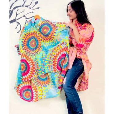 Cotton Printed High Low Style Shirt Blue