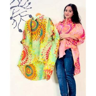 Cotton Printed High Low Style Shirt Green