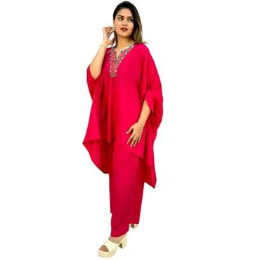 Embellished Neck Hot Pink Kaftan Pant Set