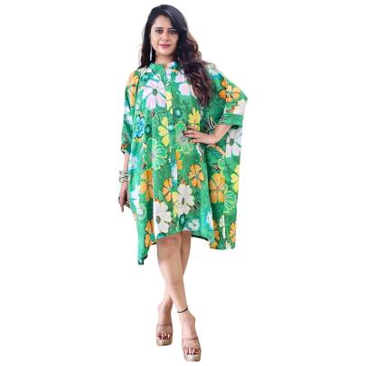 Floral Print Collar Neck Kaftan Green