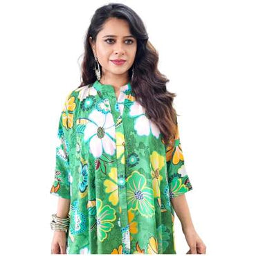 Floral Print Collar Neck Kaftan Green