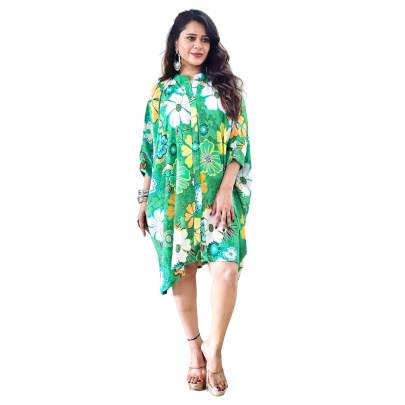 Floral Print Collar Neck Kaftan Green
