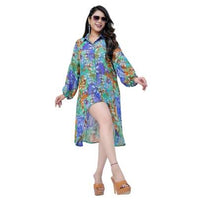 High Low Style Leaf Printed Shirt Blue