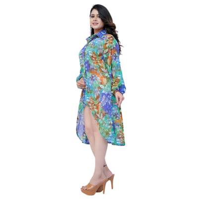 High Low Style Leaf Printed Shirt Blue