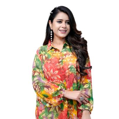 High Low Style Leaf Printed Shirt Orange