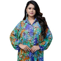 High Low Style Leaf Printed Shirt Blue