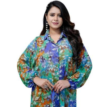 High Low Style Leaf Printed Shirt Blue
