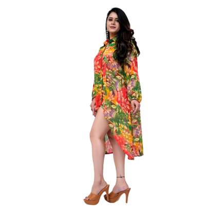 High Low Style Leaf Printed Shirt Orange