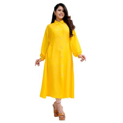 Long Sleeve Yellow Kurta Elastic Tube on waist