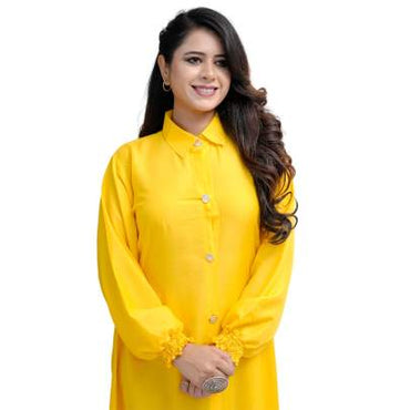 Long Sleeve Yellow Kurta Elastic Tube on waist