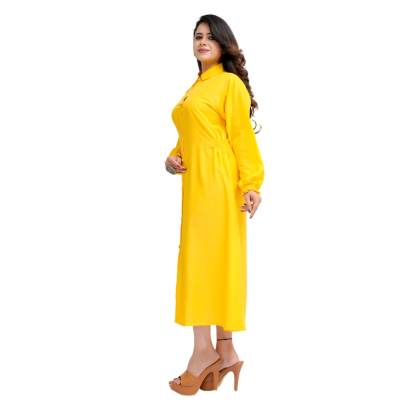 Long Sleeve Yellow Kurta Elastic Tube on waist