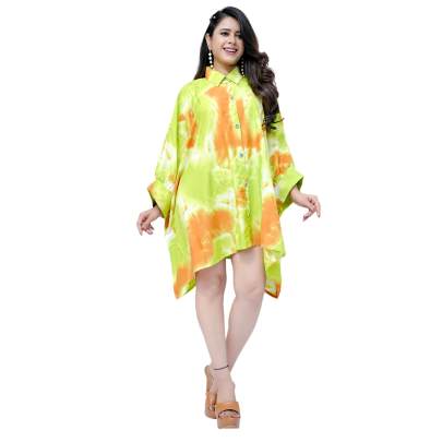 Tie Dye Print Kaftan Shirt Cuff Sleeves Green