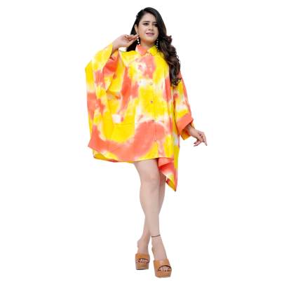 Tie Dye Print Kaftan Shirt Cuff Sleeves Yellow