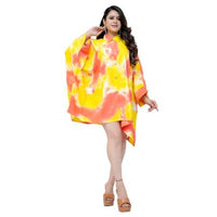 Tie Dye Print Kaftan Shirt Cuff Sleeves Yellow