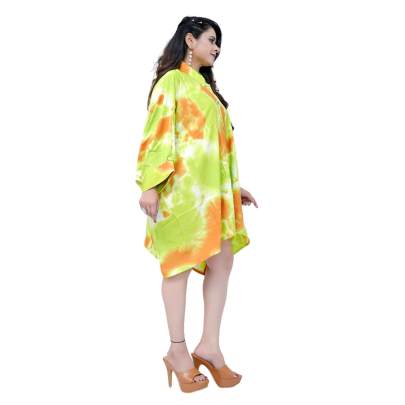 Tie Dye Print Kaftan Shirt Cuff Sleeves Green