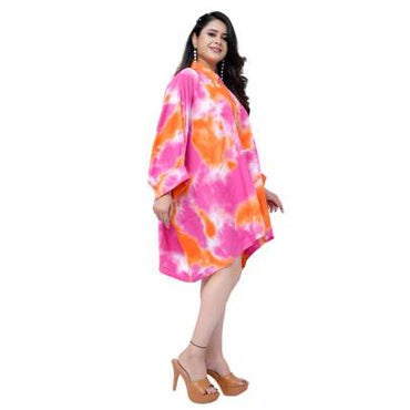Tie Dye Print Kaftan Shirt Cuff Sleeves Pink