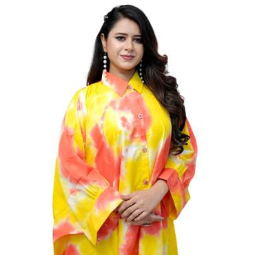 Tie Dye Print Kaftan Shirt Cuff Sleeves Yellow