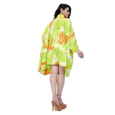 Tie Dye Print Kaftan Shirt Cuff Sleeves Green
