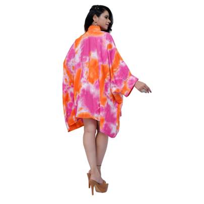 Tie Dye Print Kaftan Shirt Cuff Sleeves Pink