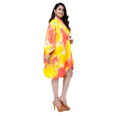 Tie Dye Print Kaftan Shirt Cuff Sleeves Yellow