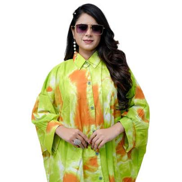 Tie Dye Print Kaftan Shirt Cuff Sleeves Green