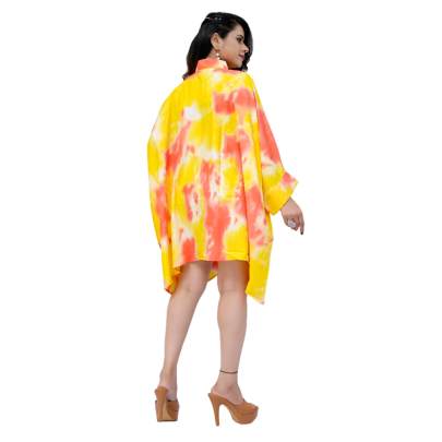 Tie Dye Print Kaftan Shirt Cuff Sleeves Yellow